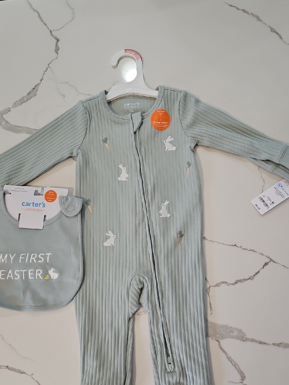 Carter's Sage Green Ribbed Bunny & Carrot Footie with Bib